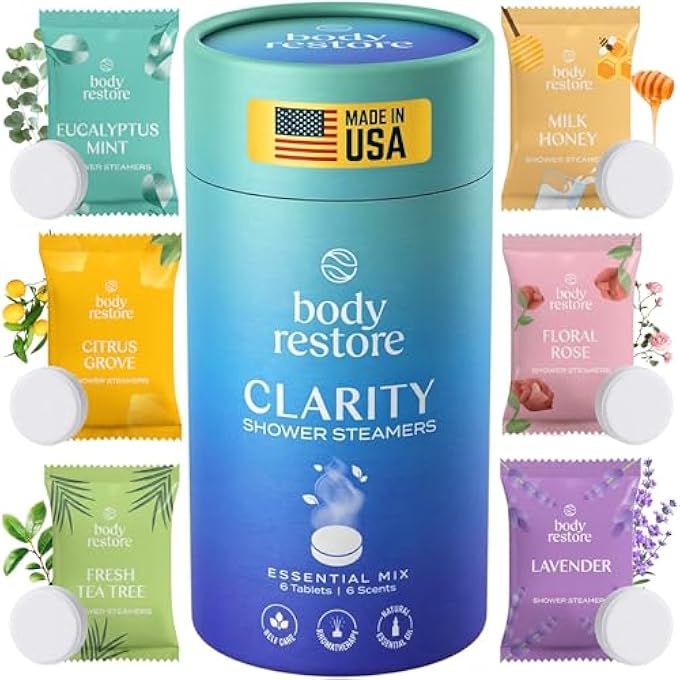 Body Restore Shower Steamers Aromatherapy 6 Pack - Birthday Gifts for Men, Women, Dad Gift, Stress Relief, Relaxation, Self Care - Clarity - Image 1